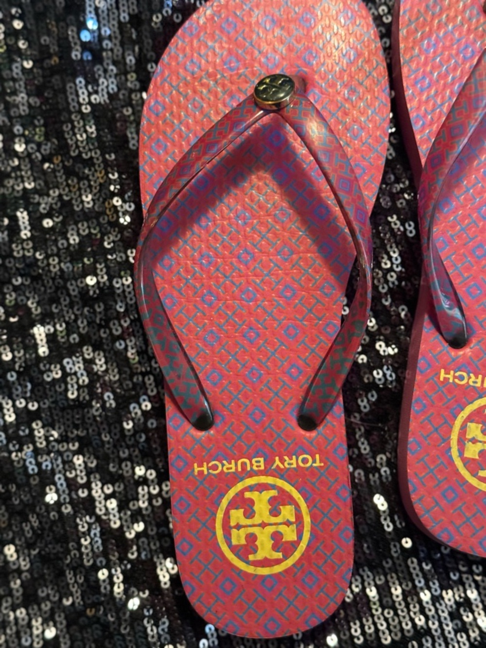 Tory Burch Pink and Blue Patterned Logo Flip Flops - Picture 14 of 14